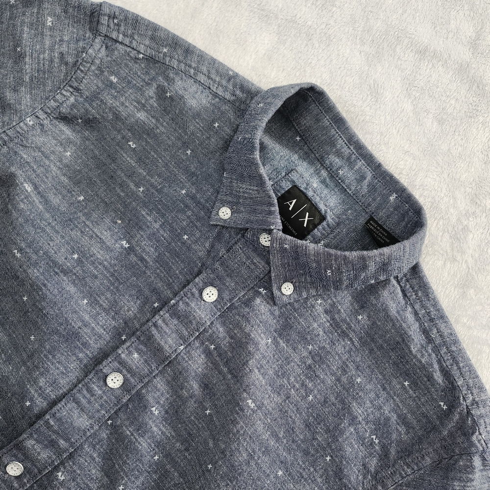 ARMANI EXCHANGE Men's Blue‎ Chambray Cotton Button Down Shirt AX Prints Medium